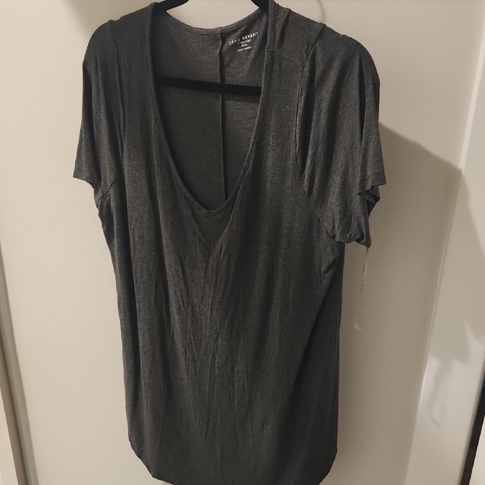 Lane Bryant Gray Relaxed Fit T-Shirt with Deep V-Neck
